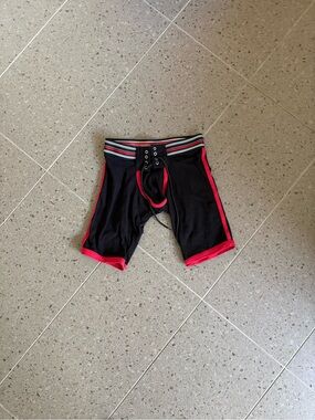 Mr-S-Leather: Black Athletic Shorts with Red Trim and Striped Waistband